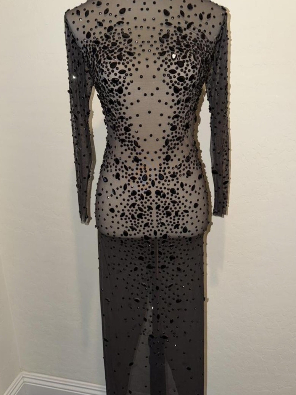 Sheer Black Long-Sleeve Embellished Evening Gown